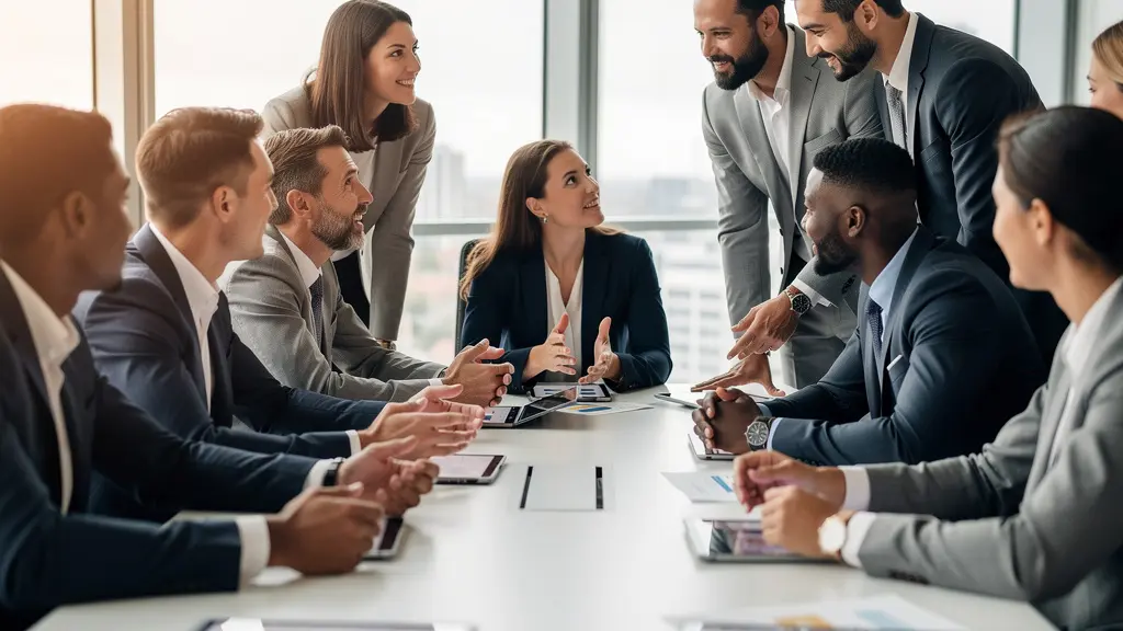 Réseau d'affaires interconnecté montrant des professionnels échangeant autour d'une table de réunion