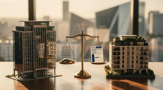 Investisseur analysant des documents d'investissement immobilier avec gratte-ciels en arrière-plan