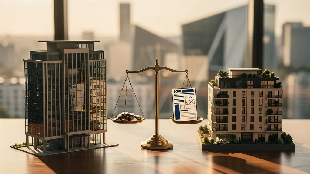 Investisseur analysant des documents d'investissement immobilier avec gratte-ciels en arrière-plan