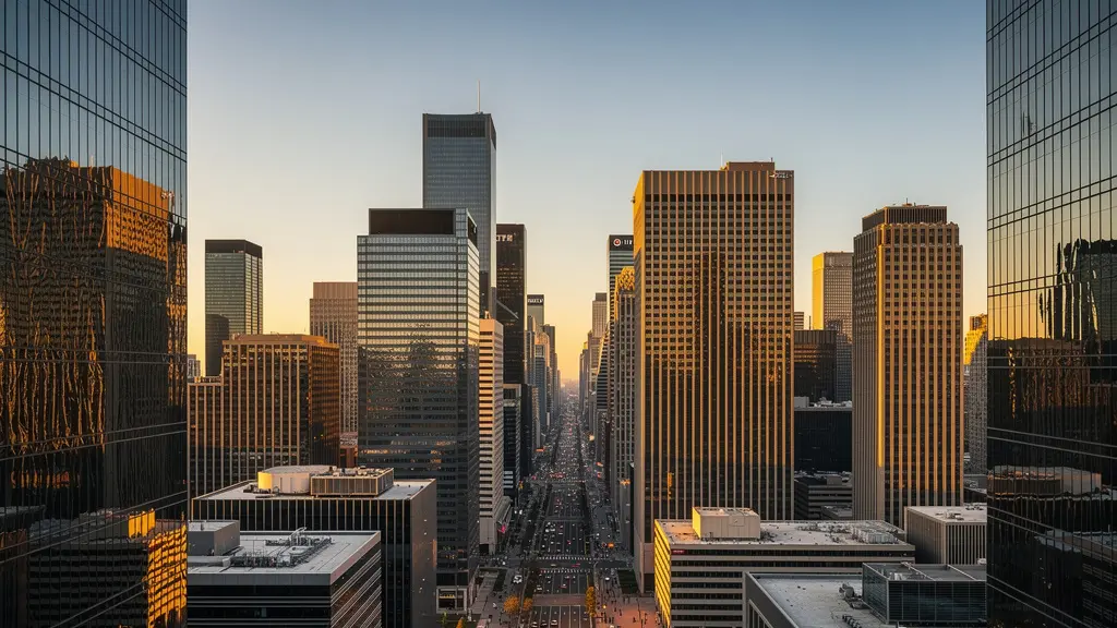 Vue panoramique d'un paysage urbain moderne avec architecture financière au crépuscule
