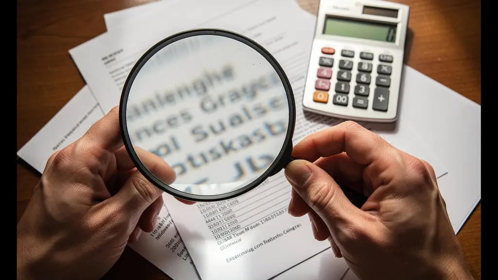 Gros plan sur des mains tenant un avis d'imposition avec loupe et calculatrice