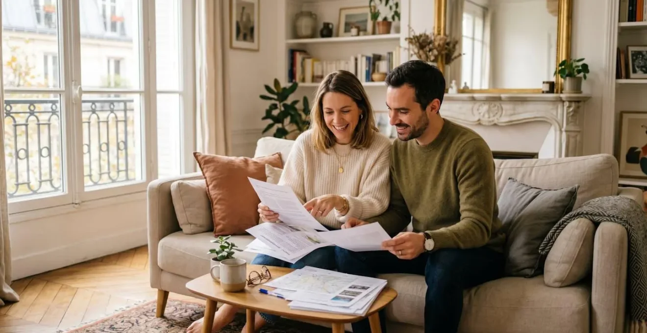 Un couple assis dans un salon lumineux examine ensemble des documents liés à un projet immobilier