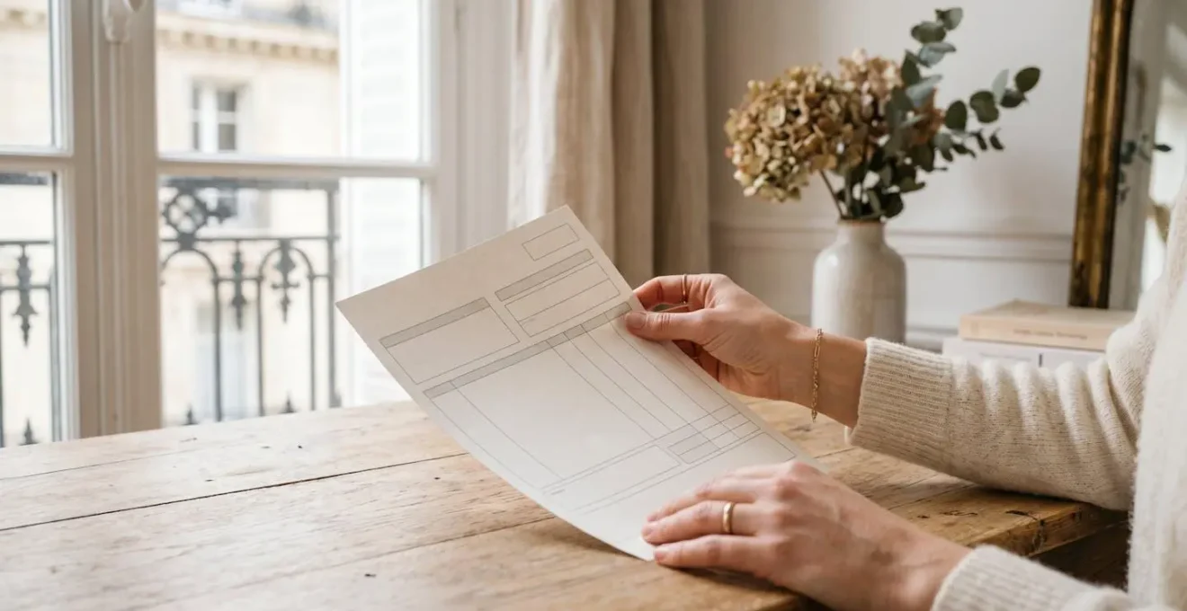 Une main tient une feuille de relevé bancaire sur un bureau en bois clair, éclairage naturel doux