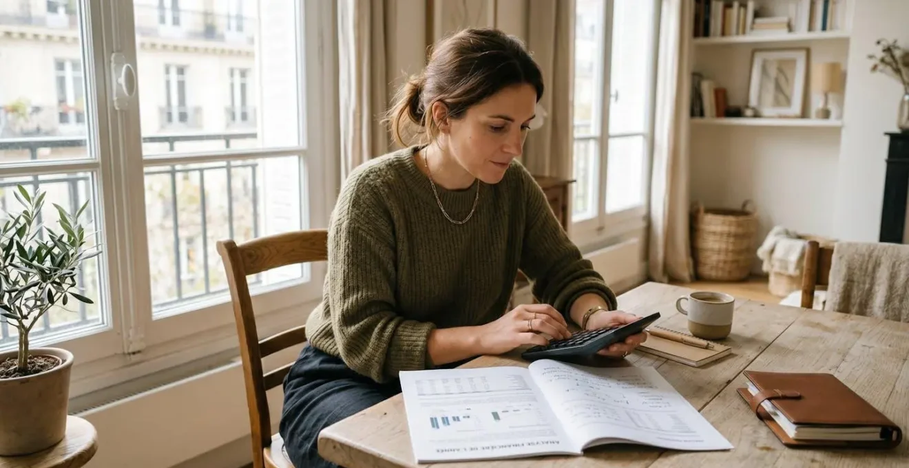 Une personne en tenue décontractée consulte des documents financiers et un calculateur sur une table claire, lumière naturelle