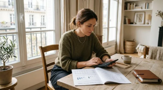 Une personne en tenue décontractée consulte des documents financiers et un calculateur sur une table claire, lumière naturelle