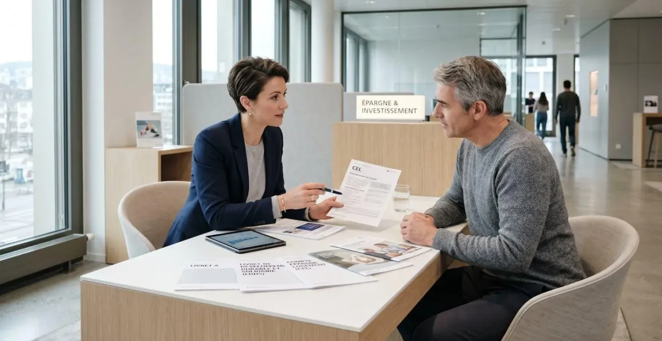 Conseiller financier présentant des brochures de produits d'épargne à un client dans une agence bancaire moderne