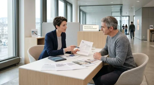 Conseiller financier présentant des brochures de produits d'épargne à un client dans une agence bancaire moderne